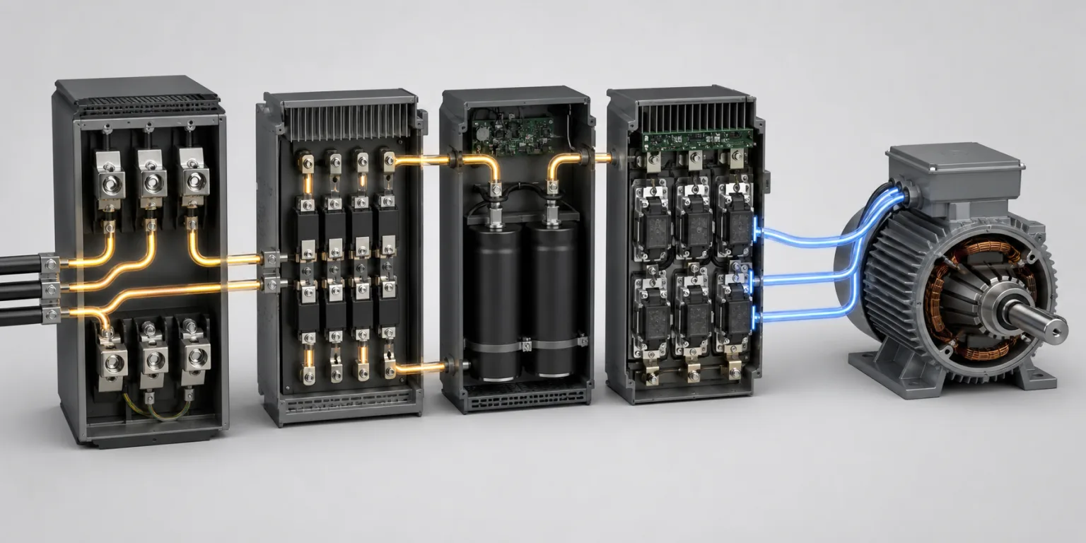 مراحل یکسوکننده، DC link و خروجی IGBT اینورتر صنعتی متصل به موتور