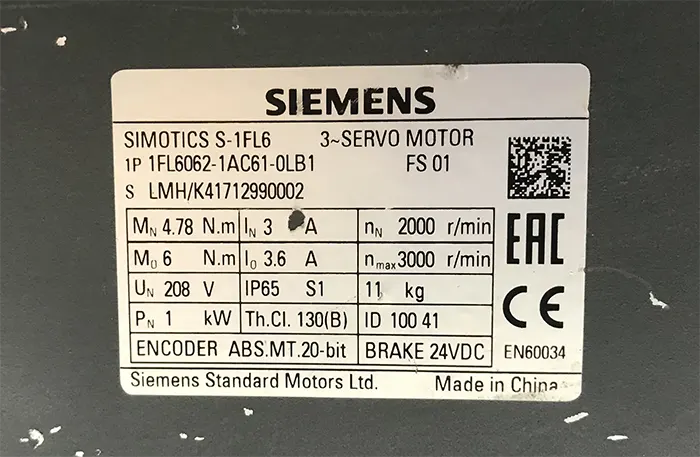 سروو موتور زیمنس 1FL6062-1AC61-0LB1 توان 1 ترمزدار