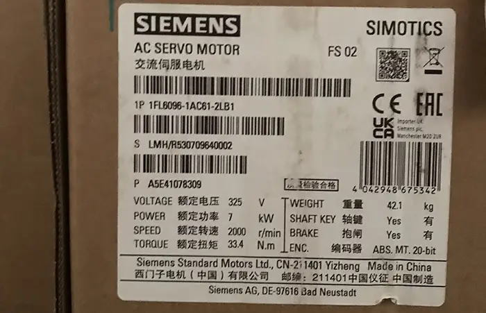 سروو موتور زیمنس 1FL6096-1AC61-2LB1 توان 7 ترمزدار V70/V90